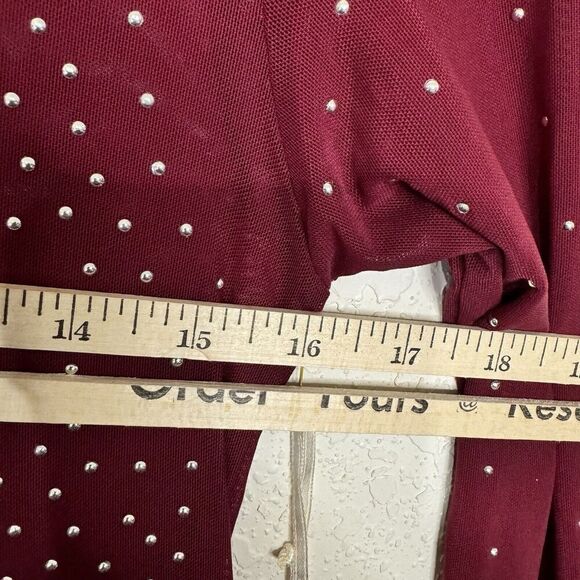Iris‎ Burgundy Illusion Mesh Silver Studs Bodycon Sz M Hi Neck Jumpsuit NWT - Picture 10 of 14